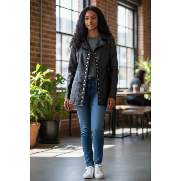 Louise Paris Faux Leather Jacket Sz S Black Mid Snaps Pockets Back Belt Modern - Picture 3 of 14